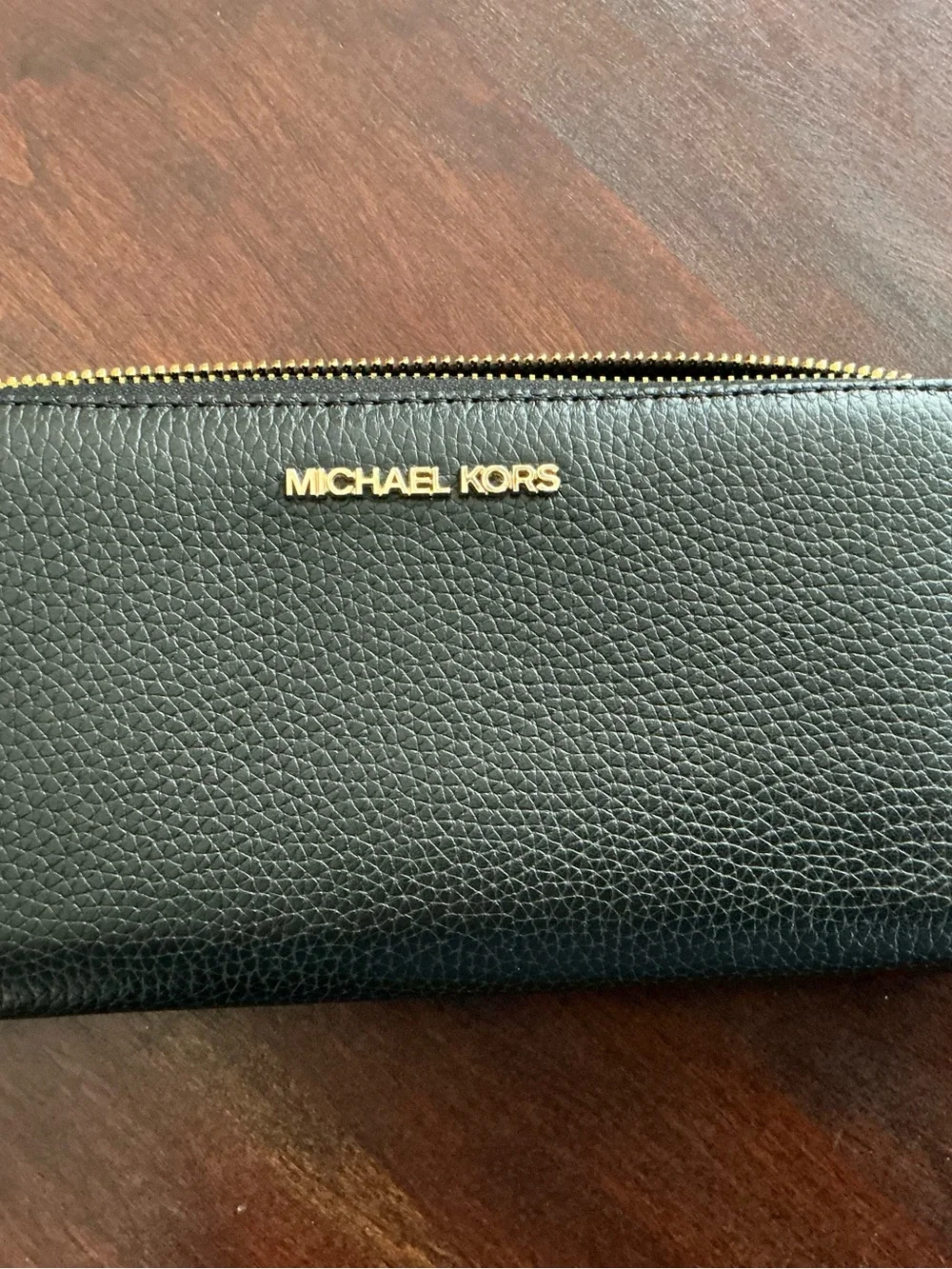 Michael Kors Black Pebbled Leather Zip Clutch Wallet with Gold Logo